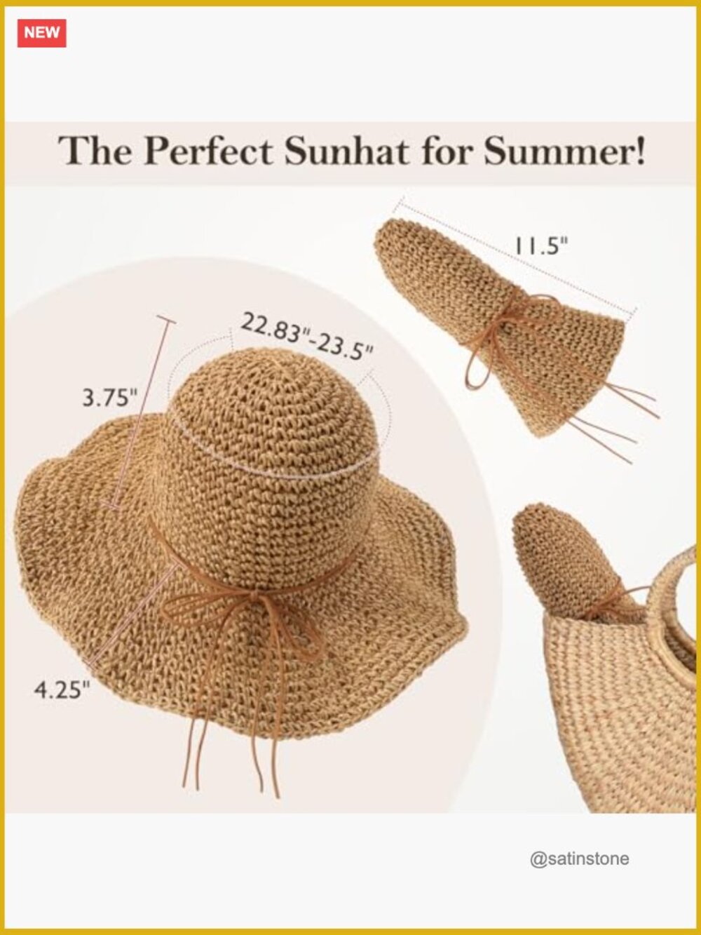 Floppy Wide Brim Paper Straw Sun Hat, Foldable Packable Roll Up Beach Hat - Picture 3 of 7